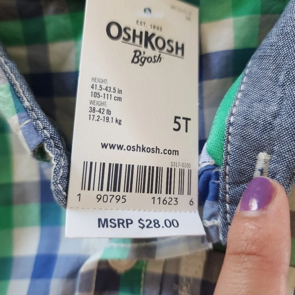 OshKosh B'Gosh Boys' Woven Buttonfront Plaid Shirt size 5T NWT